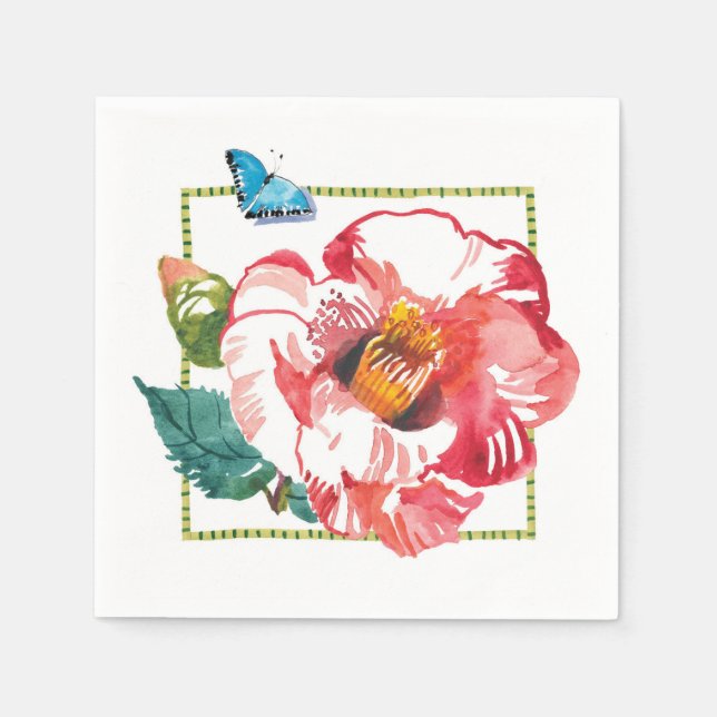 Red Pink Flower Camellia Blue Butterfly Napkin (Front)