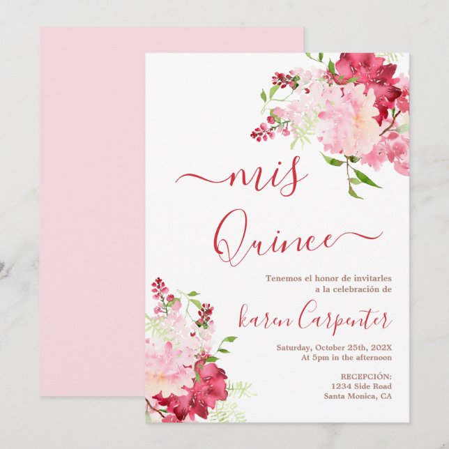 Red pink flower Quinceanera Invitation (Front/Back)