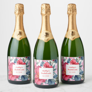 Red Pink Flowers Bachelorette Tropical Sparkling Wine Label