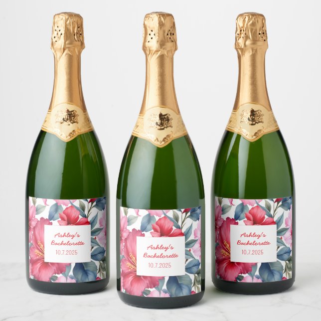 Red Pink Flowers Bachelorette Tropical   Sparkling Wine Label (Bottles)