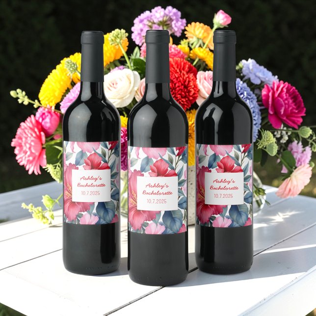 Red Pink Flowers Bachelorette Tropical   Wine Label (Creator Uploaded)