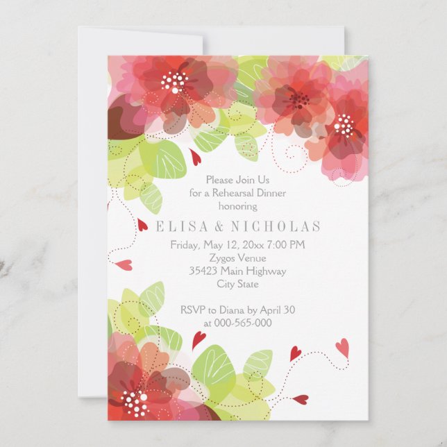 Red & pink flowers floral wedding rehearsal dinner invitation (Front)