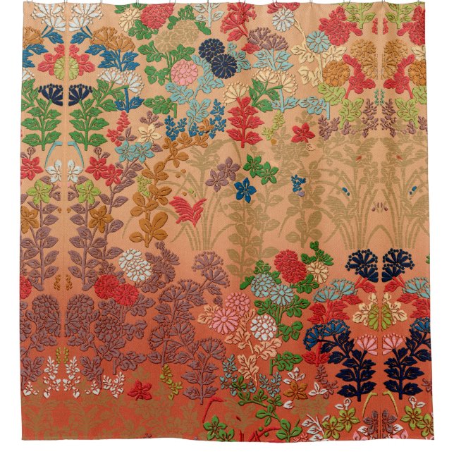 RED PINK FLOWERS,LEAVES ANTIQUE JAPANESE FLORAL SHOWER CURTAIN (Front)