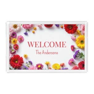 Red Pink Flowers Nature Colorful Acrylic Tray