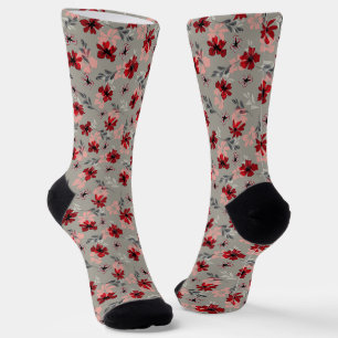 Red pink flowers on a grey background. socks