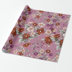 Red & Pink flowers on a Purple Pattern Wrapping Paper