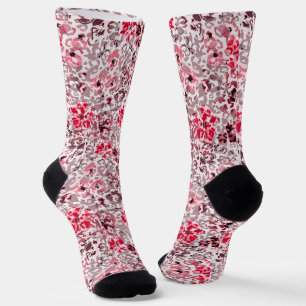 Red, pink flowers on a spotted leopard background. socks