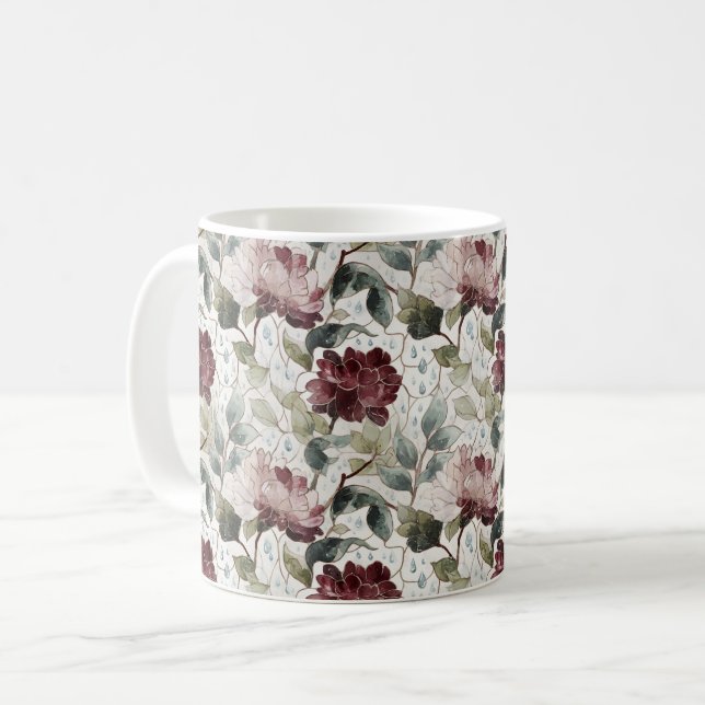 Red Pink Flowers Rain Drops Coffee Mug (Front Left)