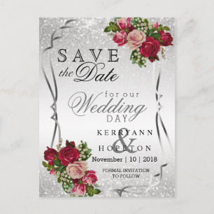 Red & Pink Flowers & Silver Glitter Save the Date Announcement Postcard