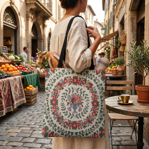 Red & Pink Flowers - Vintage Floral Wreath Tote Bag