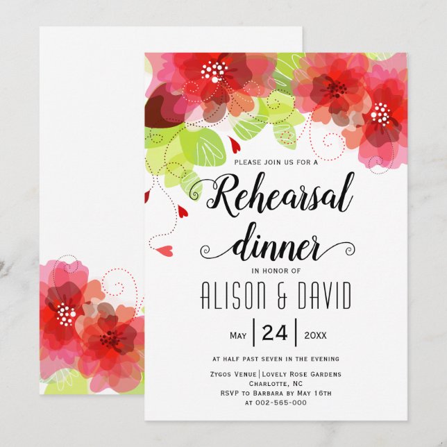 Red, pink flowers wedding rehearsal dinner invitation (Front/Back)