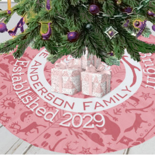 Red Pink Forest Christmas Family Name Reindeer  Fleece Tree Skirt