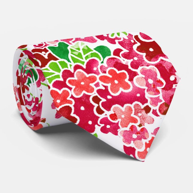 Red Pink Geranium Floral Pattern Tie (Rolled)