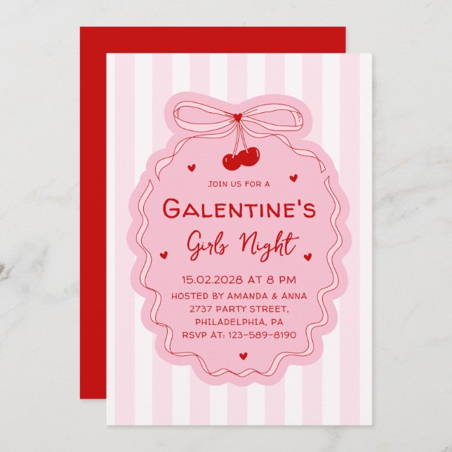 Red Pink Girly Coquette Bow Galentines Girls Night Invitation (Front/Back)