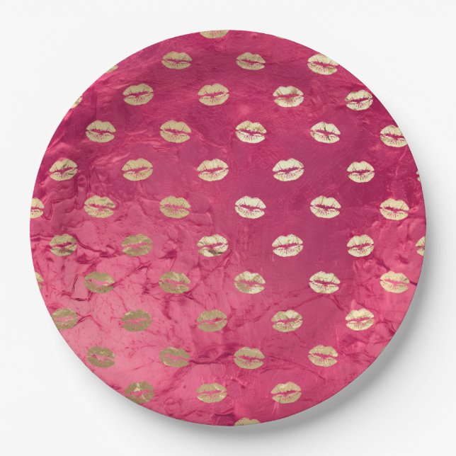 Red Pink Glam Gold Lips  Paper Plate (Front)