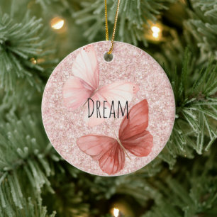 Red Pink Glitter Butterflies Christmas Ceramic Tree Decoration