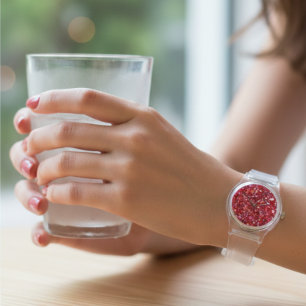 Red Pink Glitter Clear Strap Women's Watch