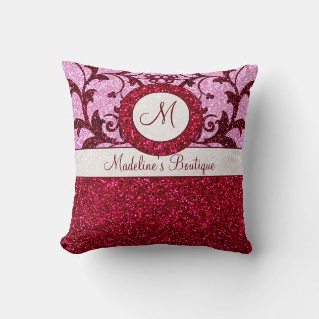 Red pink glitter customisable monogram pillow (Front)