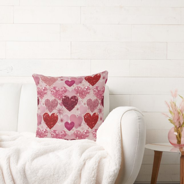 RED & PINK GLITTER LOOK VALENTINE LOVE HEARTS CUSHION (Couch)
