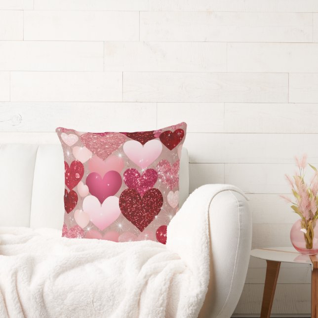 RED & PINK GLITTER LOOK VALENTINE LOVE HEARTS CUSHION