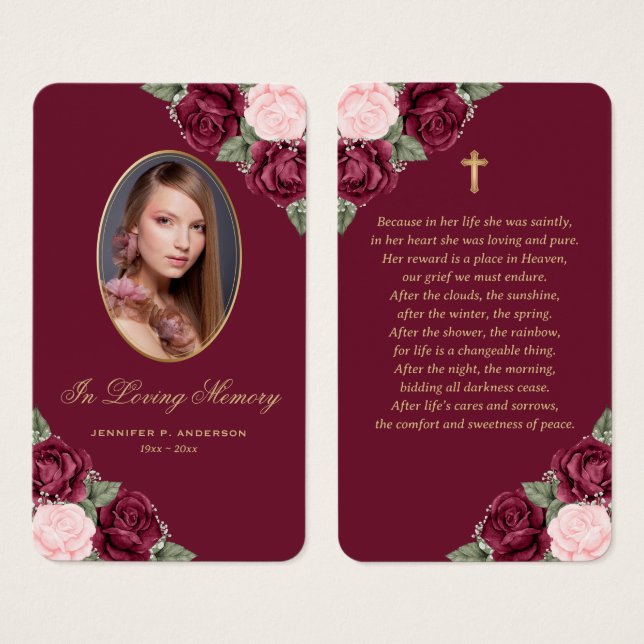 Red Pink Gold Floral Funeral Prayer Card (Front & Back)