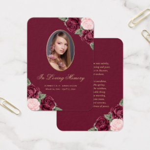 Red Pink Gold Floral Memorial Funeral Prayer Card