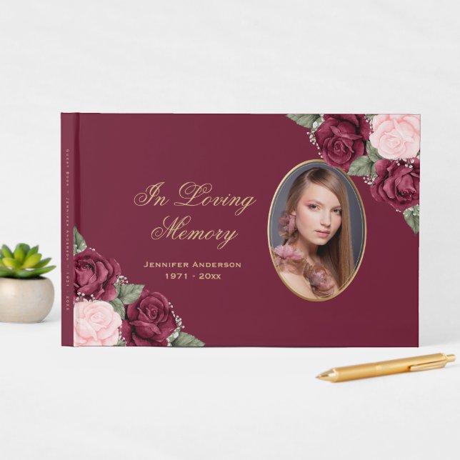Red Pink Gold Floral Photo Memorial Funeral Guest Book (InSitu Display)