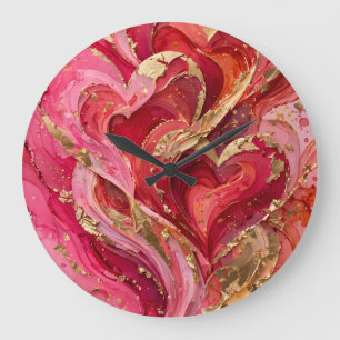 Red & Pink Gold Swirl Abstract Wall Clock