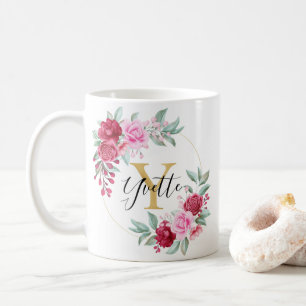 Red Pink Gold Watercolor Floral Monogram Y Coffee Mug