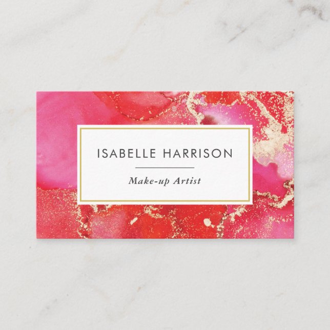 Red pink gold watercolor ink business card (Front)