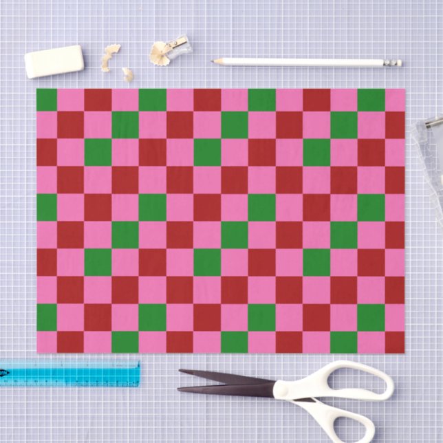 Red Pink Green Checkered Pattern Design  Tissue Paper (Craft)