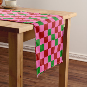 Red Pink Green Chequered Pattern Design Short Table Runner