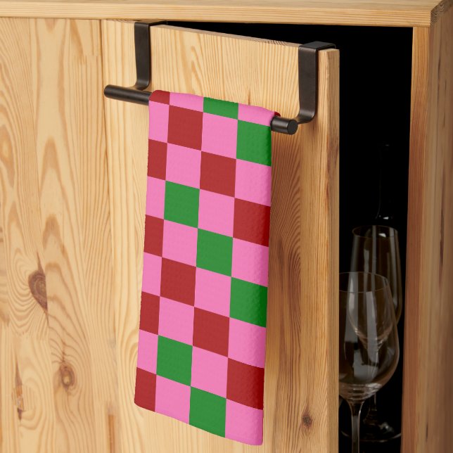 Red Pink Green Chequered Pattern Design  Tea Towel (Thirds Fold)