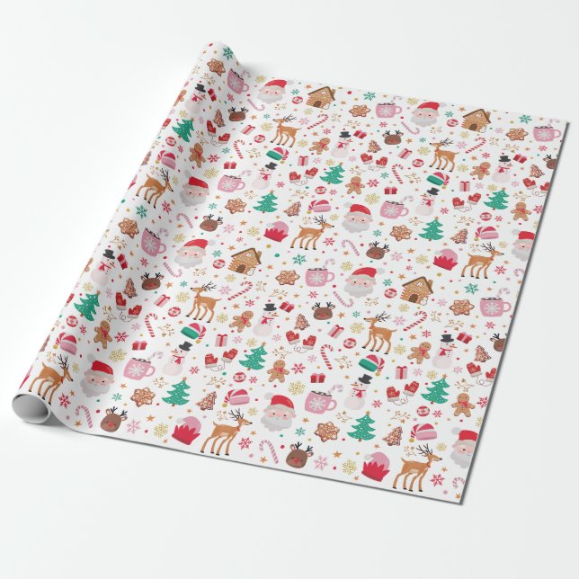 Red Pink Green Christmas Santa Winter Wonderland Wrapping Paper (Unrolled)