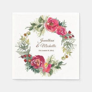 Red Pink Green Floral Christmas Wreath Wedding Napkin
