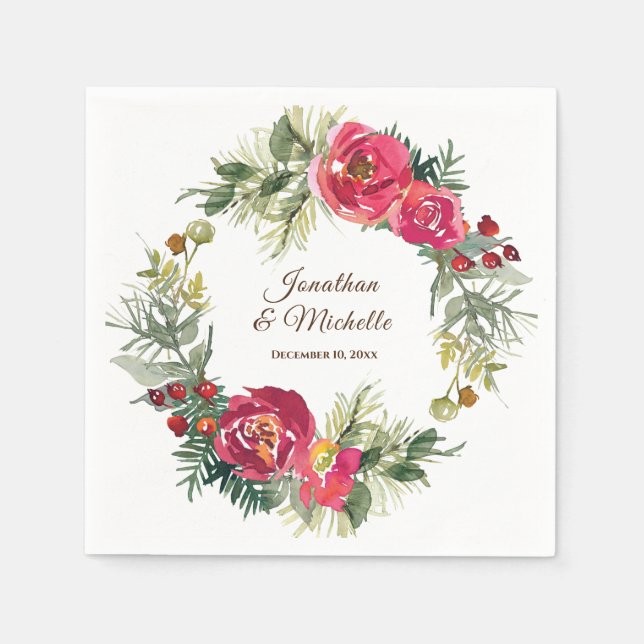 Red Pink Green Floral Christmas Wreath Wedding Napkin (Front)