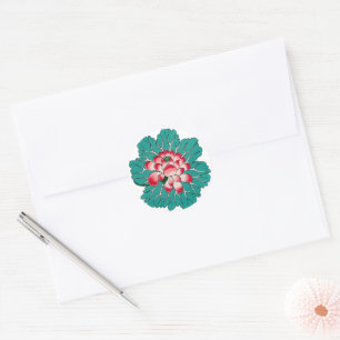 Red Pink Green Teal Chinese Lotus Flower Classic Round Sticker