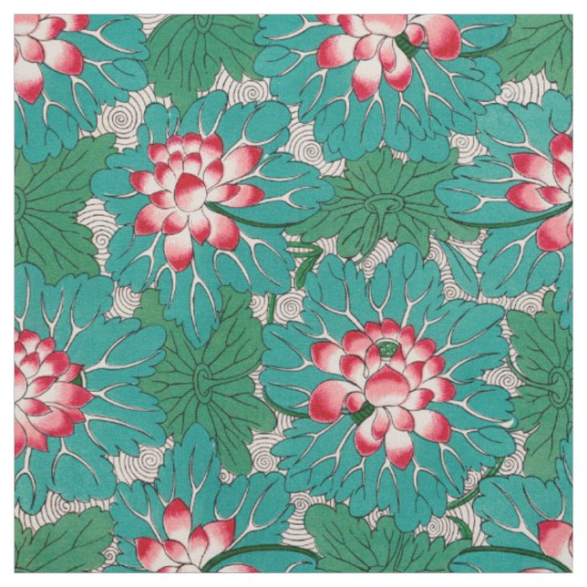 Red Pink Green Teal Chinese Lotuses Pattern Fabric (Swatch)