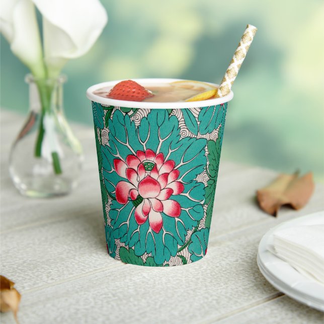 Red Pink Green Teal Chinese Lotuses Pattern Paper Cups (Insitu)