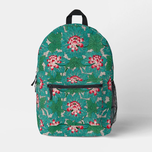 Red Pink Green Teal Chinese Lotuses Pattern Printed Backpack (Front)