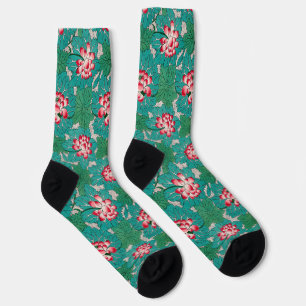 Red Pink Green Teal Chinese Lotuses Pattern Socks