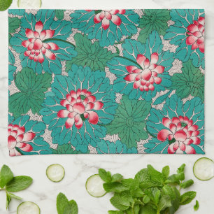 Red Pink Green Teal Chinese Lotuses Pattern Tea Towel