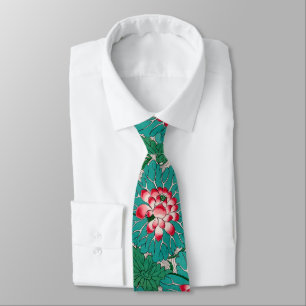 Red Pink Green Teal Chinese Lotuses Pattern Tie