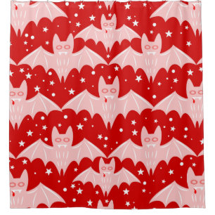 red pink halloween vampire bat fangs creepy shower curtain