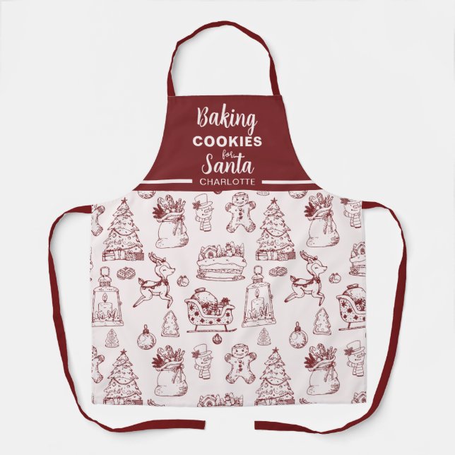 Red Pink Hand Drawn Baking Cookies for Santa Apron (Front)