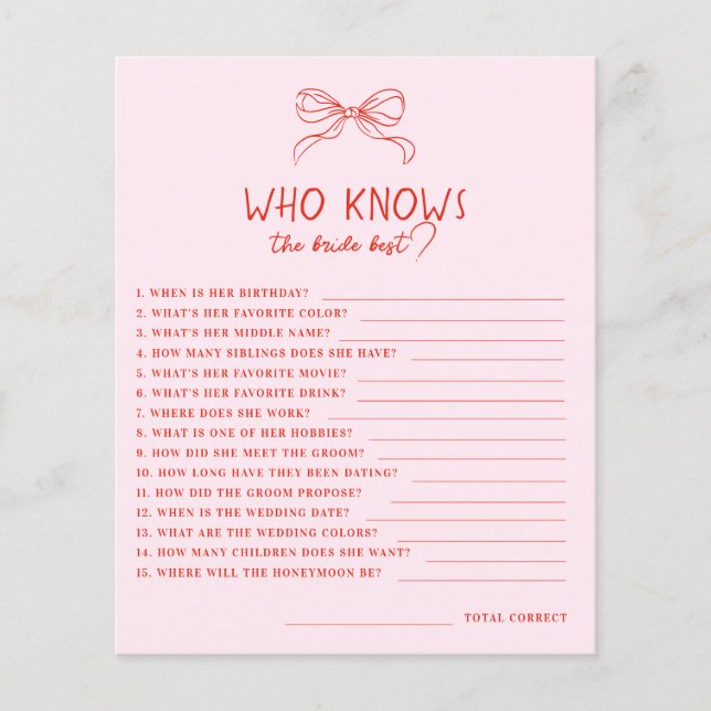 Red Pink Hand Drawn Bow Who Knows Bride Best Game (Front)