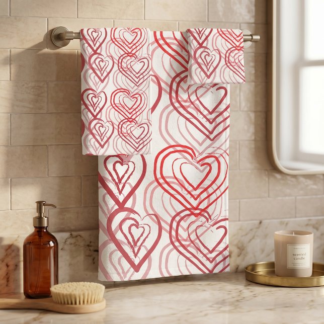 Red Pink Hand Drawn Doodle Hearts Romantic Pattern Bath Towel Set (Creator Uploaded)