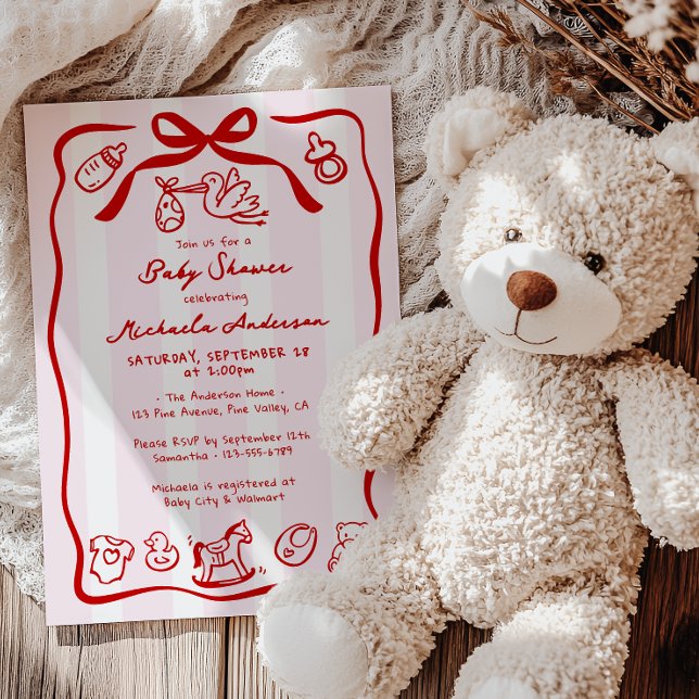 Red & Pink Hand Drawn Doodle Whimsical Baby Shower Invitation (Creator Uploaded)