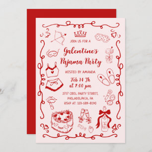 Red Pink Hand Drawn Galentine's Day Pajama Party Invitation