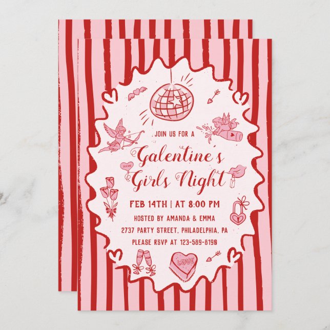 Red Pink Hand Drawn Galentine's Girls Night Party Invitation (Front/Back)